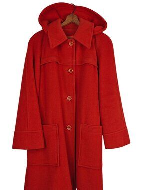 Vintage Women's Red Orange Wool Hooded Coat Size M Button-Up Union Made USA